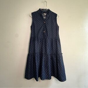 Kings Road Polka Dot Chambray Tiered Sleeveless button-down dress. Sz S.